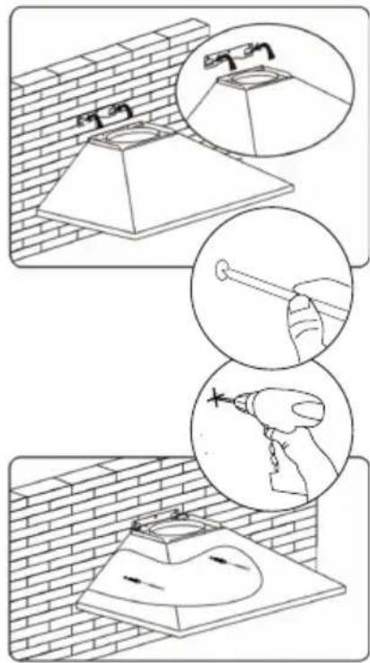 Technical diagram illustrating brick wall installation steps with magnified views of tool application and retraction.