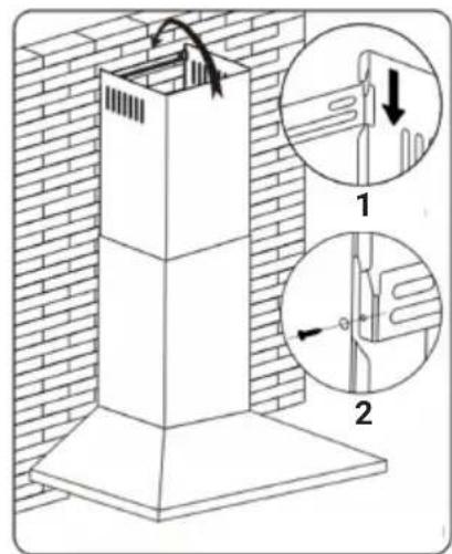 Technical diagram showing a chimney structure with two magnified views of the chimney, labeled 1 and 2.