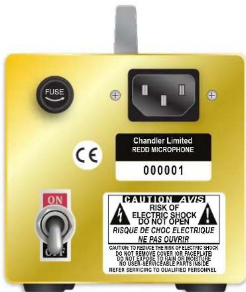 FUSE + + Chandler Limited REDD MICROPHONE 000001 CE ON CAUTION AV/S RISK OF ELECTRIC SHOCK DO NOT OPEN RISQUE DE CHOC ELECTRIQUE NE PAS OUVRIR CAUTION: TO REDUCE THE RISK OF ELECTRIC SHOCK DO NOT REMOVE COVER (OR FACEPLATE) DO NOT EXPOSE TO RAIN OR MOISTURE NO USER-SERVICEABLE PARTS INSIDE REFER SER…