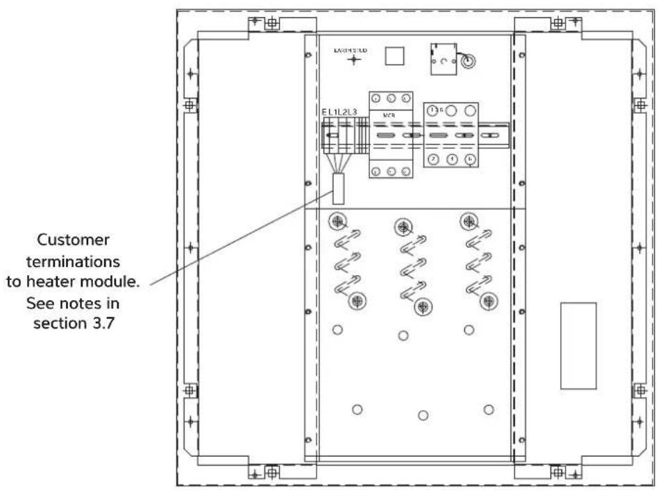 Customer terminations to heater module. See notes in section 3.7