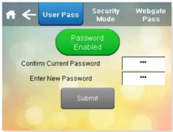 User Pass Security Mode Webgate Pass Password Enabled Confirm Current Password Enter New Password Submit