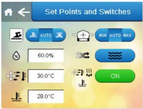 Set Points and Switches AUTO MIN AUTO MAX 60.0% 30.0°C ON 28.0°C