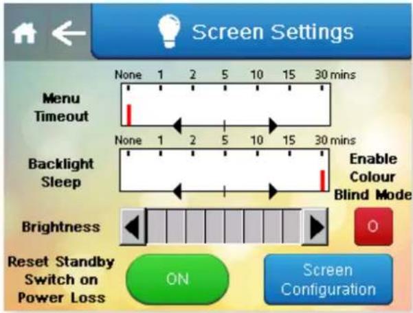 Screen Settings Menu Timeout None 1 2 5 10 15 30 mins Backlight Sleep Enable Colour Blind Mode Brightness Reset Standby Switch on Power Loss ON Screen Configuration