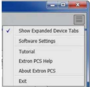 Show Expanded Device Tabs Software Settings Tutorial Extron PCS Help About Extron PCS Exit