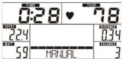 TIME 0:28 ♥ 7.8 SPEED 22.4 WAVE 59 MANUAL DISTANCE 0.34 CALORIES 3