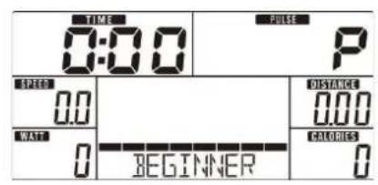 TIME 0:00 PULSE P SPEED 0.0 WATER 0 BEGINNER DISTANCE 0.00 CALORIES 0