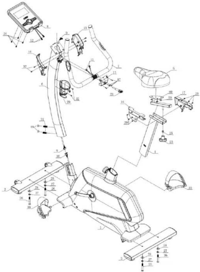 Technical diagram of a stationary exercise machine with numbered components and labeled parts