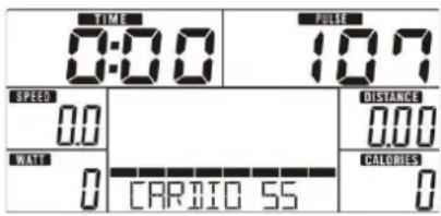 TIME 0:00 PULSE 10.7 SPEED 0.0 DISTANCE 0.00 WAT 0 CARBIO 55 CALORIES 0