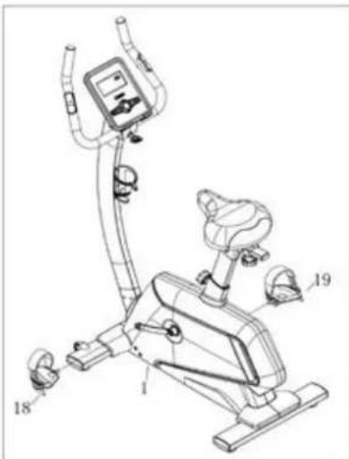 Technical diagram of a stationary exercise bike with labeled components including head, seat, and leg