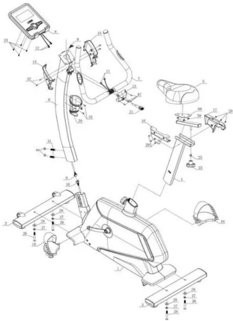 Technical diagram of a stationary exercise machine with numbered components and labeled parts