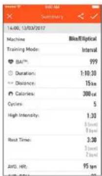 14:00, 12/03/2017 Machine Training Mode: BAI™ Duration: Distance: Calories: Cycles: High Intensity: Best Time: AVG. HR: Bike/Elliptical Interval 999 1:10:30 15 km 300 cut 5 1.30 3 times 8 times 3:30 3 times 2 times 95 tpm