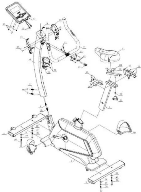 Technical diagram of a stationary exercise machine with numbered components and labeled parts