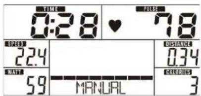 TIME 0:28 ♥ 78 SPEED 224 WATT 59 MANUAL DISTANCE 0.34 CANOOLS 3