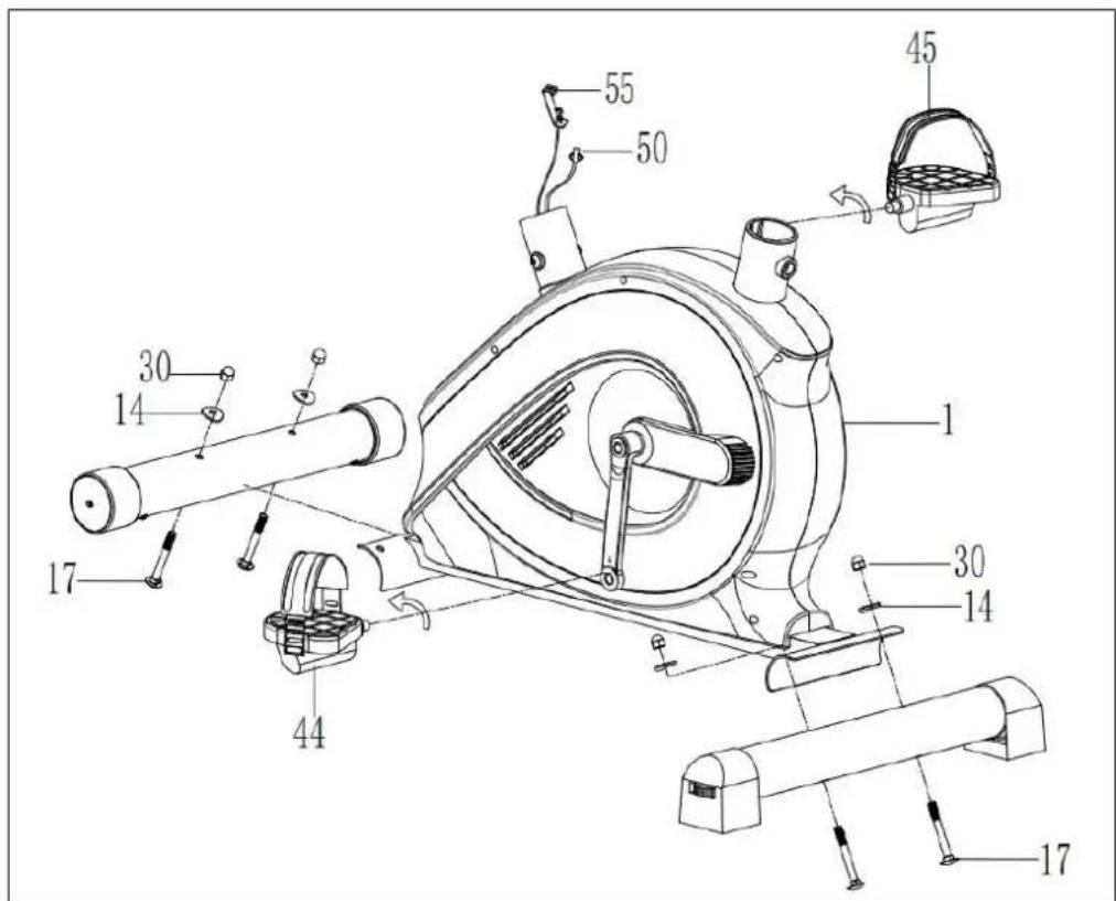 Technical diagram of a stationary exercise machine with numbered components and labeled parts