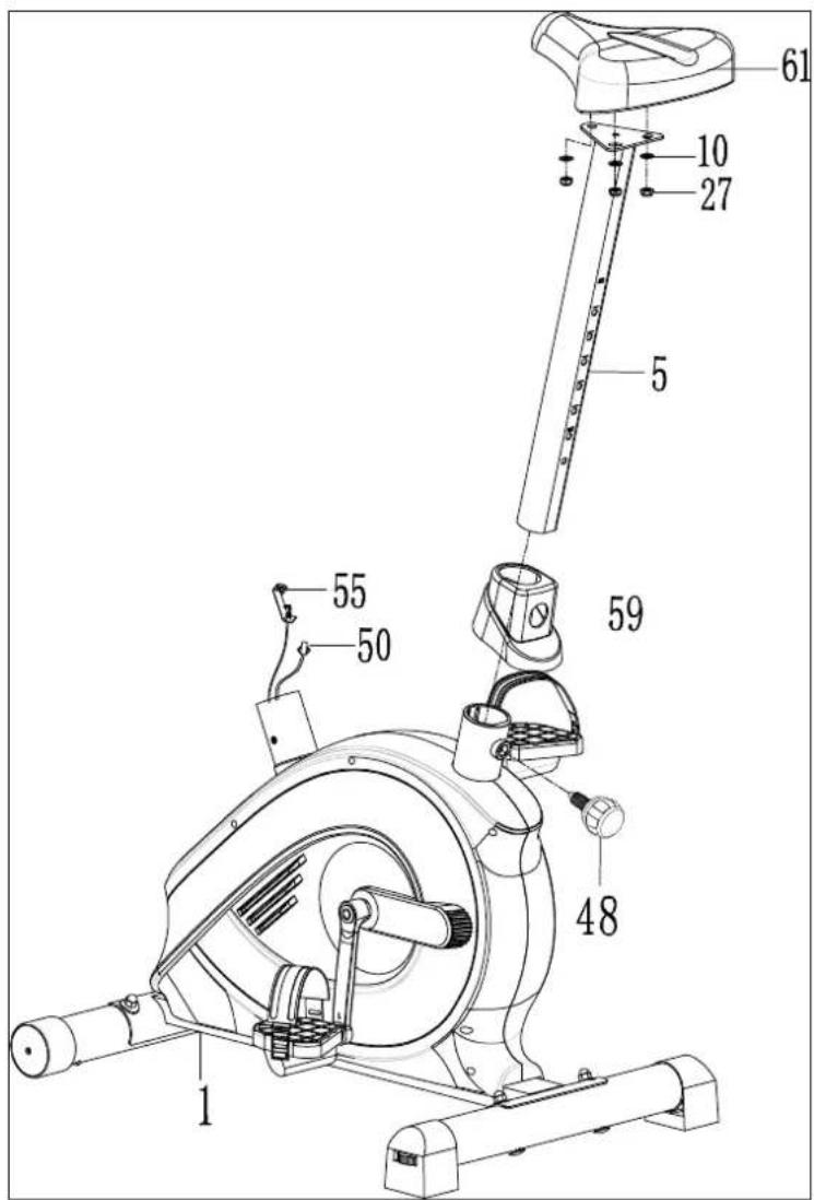 Technical diagram of a stationary exercise machine with numbered components and labeled parts