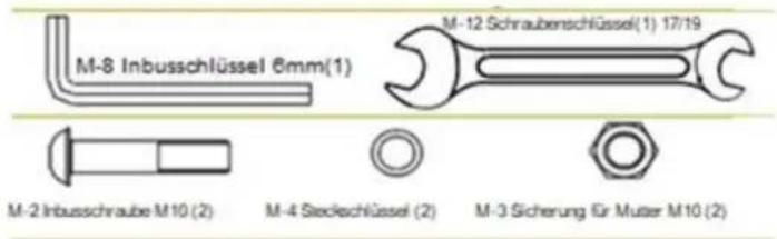 M-8 Inbusschlüssel 6mm(1) M-12 Schraubenschlüssel(1) 17/19 M-2 Inbusschraube M10 (2) M-4 Steckschlüssel (2) M-3 Sicherung für Mutter M10 (2)