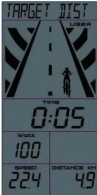 TARGET DIST USER TIME 0:05 Watt 100 SPEED 22.4 DISTANCE KM 4.9