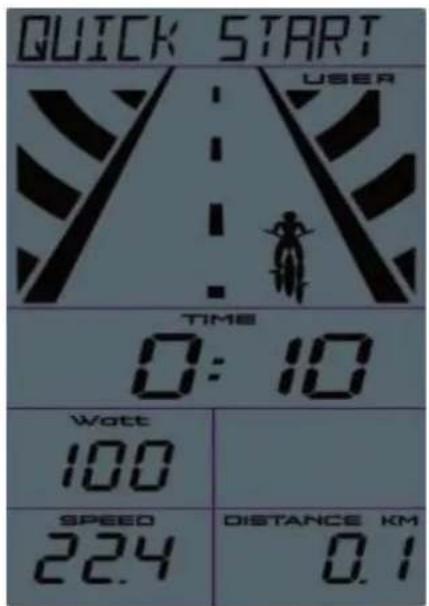 QUICK START USER TIME 0:10 Watt 100 SPEED 22.4 DISTANCE KM 0.1