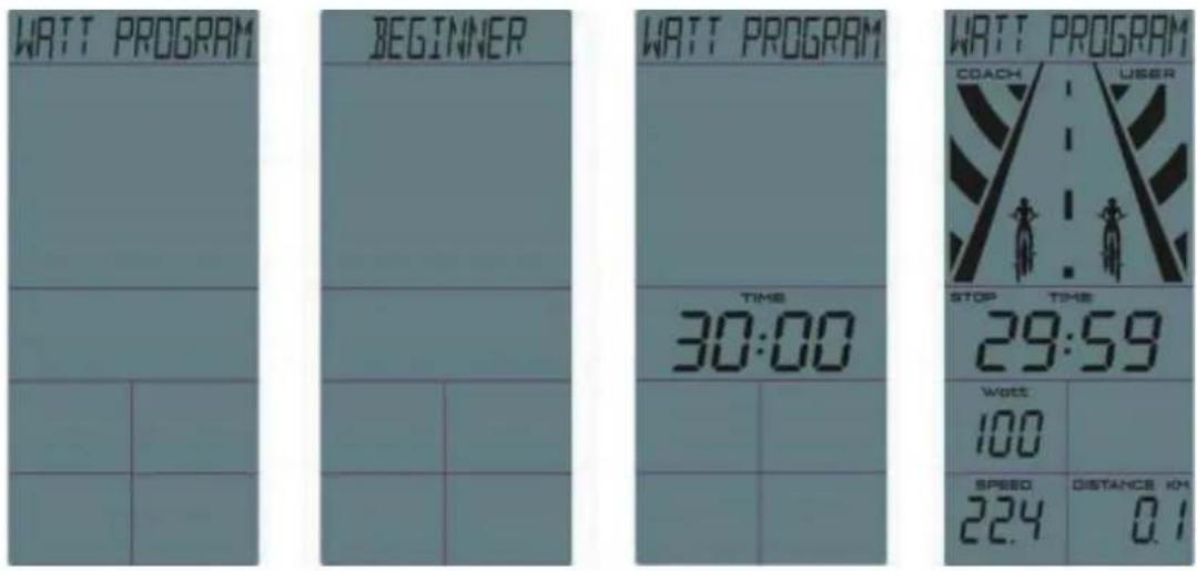 WATT PROGRAM BEGINNER WATT PROGRAM COACH USER TIME 30:00 STOP TIME 29:59 WATT 100 SPEED 224 DISTANCE KM 0.1