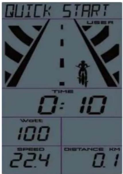 QUICK START USER TIME 0:10 Watt 100 SPEED 22.4 DISTANCE KM 0.1