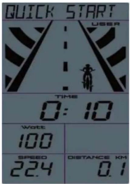 QUICK START USER TIME 0:10 Watt 100 SPEED 22.4 DISTANCE KM 0.1