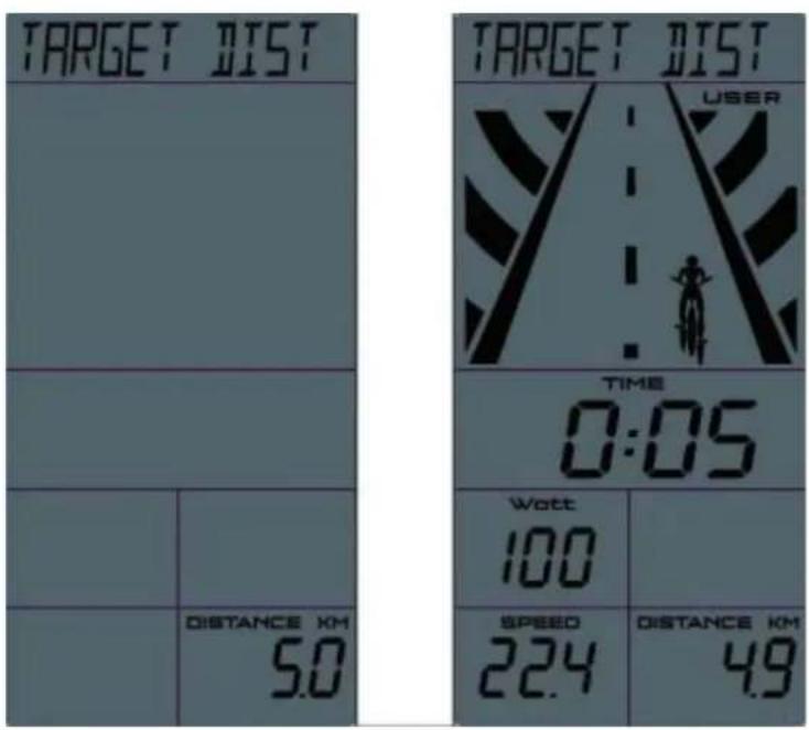 TARGET DIST TARGET DIST USER TIME 0:05 Watt 100 DISTANCE KM 5.0 SPEED 22.4 DISTANCE KM 4.9