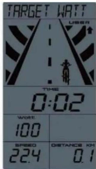 TARGET WATT USER TIME 0:02 WORT 100 SPEED 22.4 DISTANCE KM 0.1
