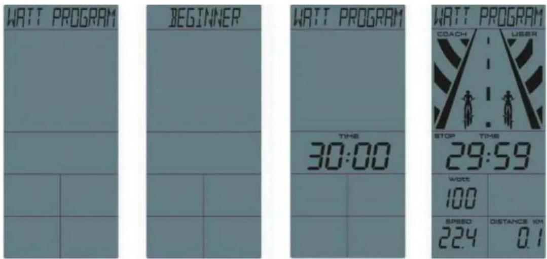 WATT PROGRAM BEGINNER WATT PROGRAM TIME 30:00 STOP TIME 29:59 WORK 100 SPEED 224 DISTANCE KM 0.1
