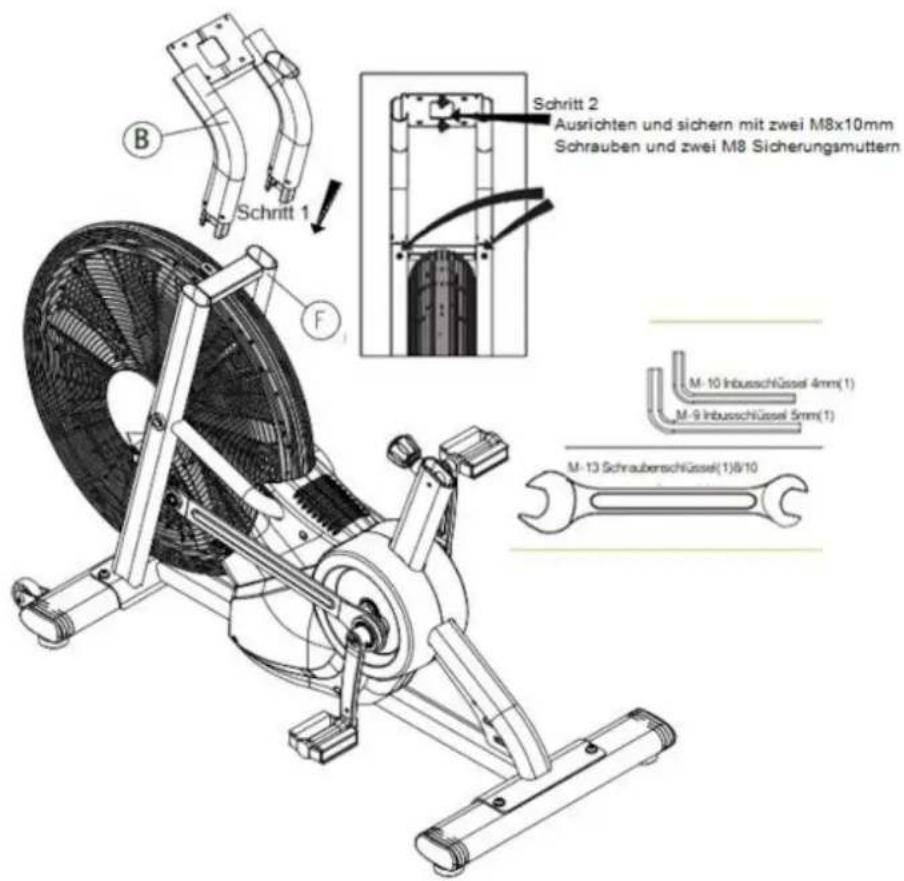 B Schritt 1 F Schritt 2 Ausrichten und sichern mit zwei M8x10mm Schrauben und zwei M8 Sicherungsmuttern M-10 Inbusschlüssel 4mm(1) M-9 Inbusschlüssel 5mm(1) M-13 Schraubenschüssel(1)/6/10