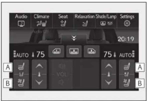Audio Climate Seat Relaxation Shade/Lamp Settings 20:19 AUTO 75 75 AUTO A B VOL A B