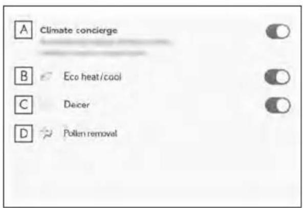 A Climate concierge B Eco heat/cool C Decer D Pollen removal