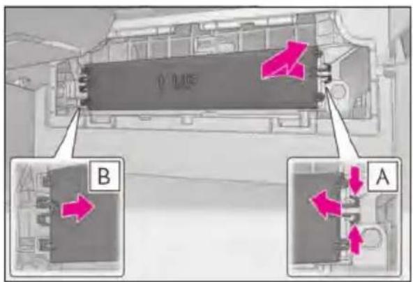 Technical diagram showing mechanical components with labeled parts A and B, annotated with pink arrows indicating directional movement.