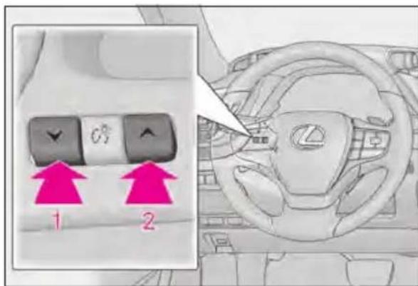 Diagram showing car interior control buttons with arrows pointing to specific controls, labeled 1 and 2.