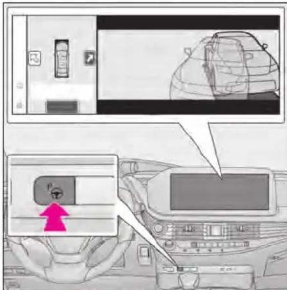 Diagram showing car interior and dashboard view with a highlighted vehicle component and directional arrow