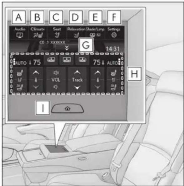 A B C D E F Audio Climate Seat Relaxation Shade/Lamp Settings CD XXXXXX G 14:31 AUTO 75 75 AUTO VOL Track I H