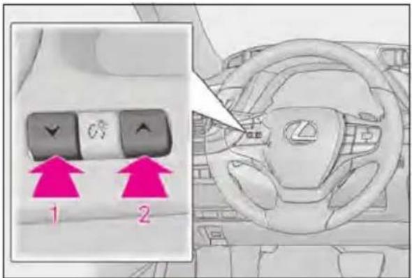 Diagram showing a car's steering wheel with two directional buttons labeled 1 and 2, highlighting the left-side key.
