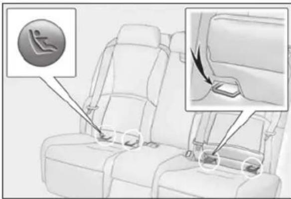 Diagram showing car seat assembly with labeled parts and a highlighted seatbelt icon