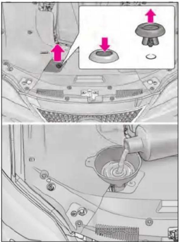 Technical diagram showing car engine component assembly with highlighted parts and water flow direction indicators