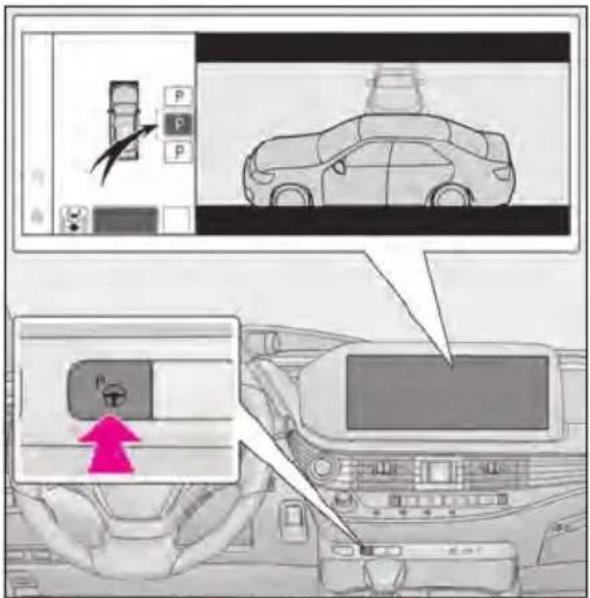 Diagram illustrating car navigation and driver's seatbelt, showing vehicle positioning and dashboard display with a pink arrow pointing to the seatbelt.