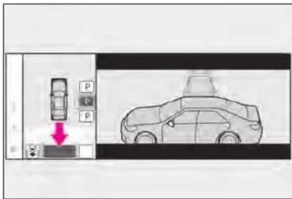 Diagram showing a car with a red arrow pointing to a parking lot, alongside a vehicle silhouette with a traffic cone.