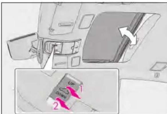Diagram showing a car interior with directional arrows and a close-up of the door panel, labeled with 'UP' and 'DOWN' buttons.