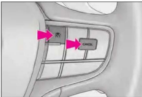 Diagram showing a car interior with labeled buttons and directional arrows, including 'CANCEL' and a small symbol inside the main area.