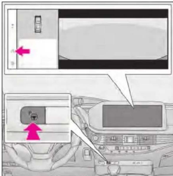 Diagram showing car interior with a close-up of the front panel and a close-up of the dashboard, highlighting a pink arrow pointing to the dashboard screen.
