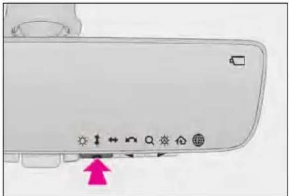 Diagram of a device control panel with icons for settings, navigation, and display, featuring a pink arrow pointing to the bottom-right corner.