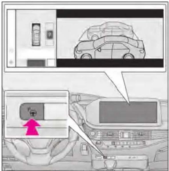 Diagram showing car parking and dashboard display with a pink arrow pointing to a vehicle's front panel