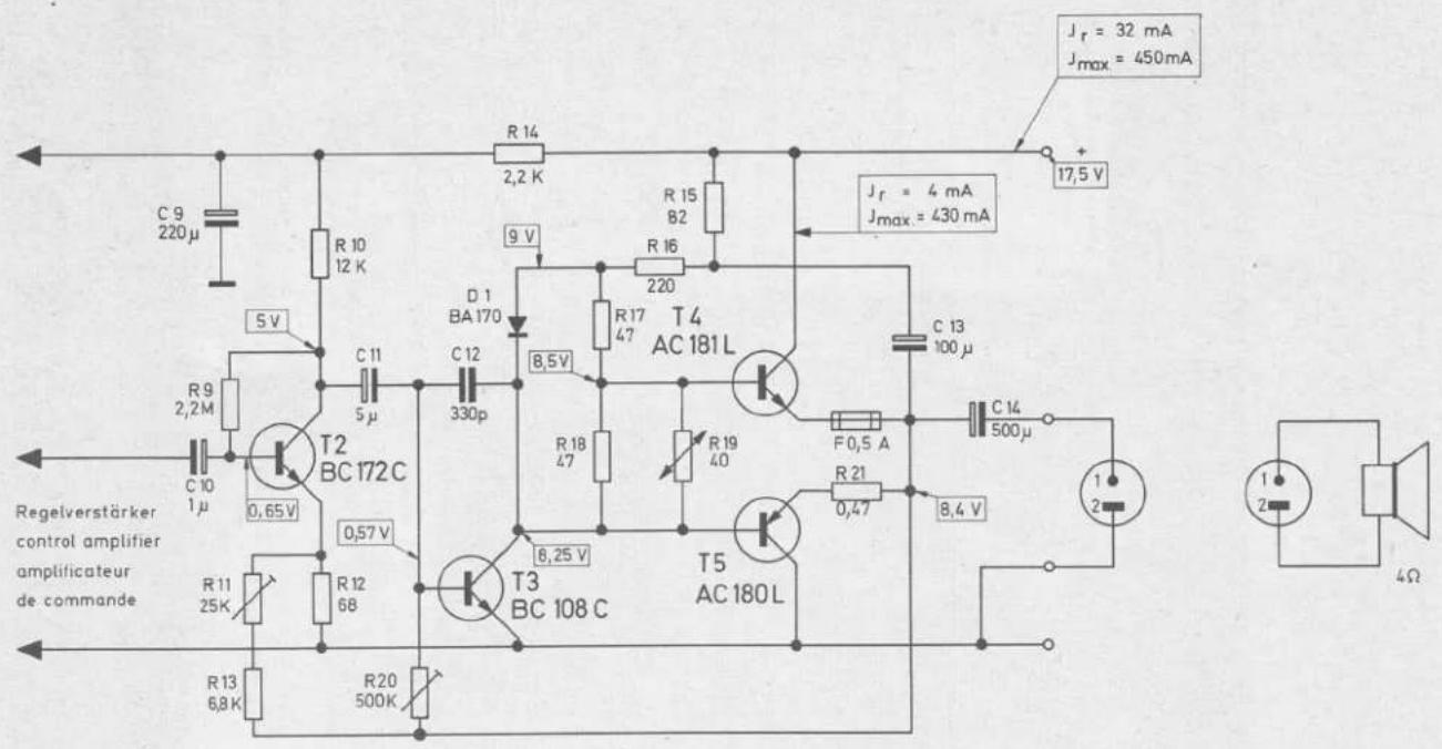 Jr = 32 mA, Jmax = 450mA, 17,5 V, C 9 220μ, R 10 12 K, R 14 2,2 K, R 15 82, Jr = 4 mA, Jmax = 430 mA, D 1 BA 170, 9 V, R 16 220, T 4 AC 181 L, C 13 100 μ, R 9 2,2M, C 10 1 μ, T2 BC 172 C, 0,65V, C 11 5 μ, C 12 330p, R 17 47, 8,5V, R 18 47, R 19 40, F 0,5 A, R 21 0,47, 8,4 V, C 14 500μ, T3 BC 108 C,…
