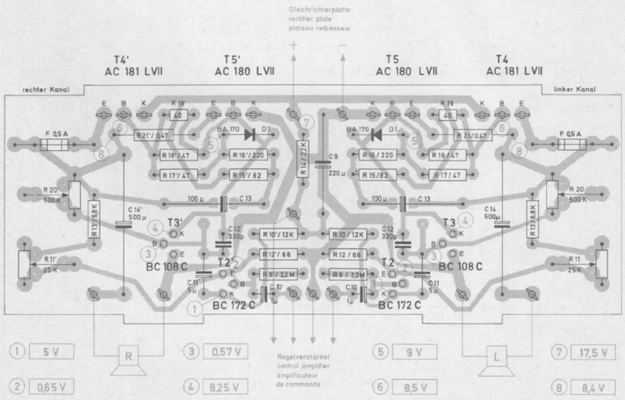 Gleichrichterplatte rectifier plate plateau redresseur T4' AC 181 LVII T5' AC 180 LVII T5 AC 180 LVII T4 AC 181 LVII rechter Kanal linker Kanal E B K R19' E B K 40 BA 170 D1 F 0.5 A R21'/0.47 R16'/47 R16'/220 R15'/82 C9 220 μ R14/22K BA 170 D1 R16/220 R15/82 R21/0.47 F 0.5 A R20' 500 K R13'/5.8K C14…