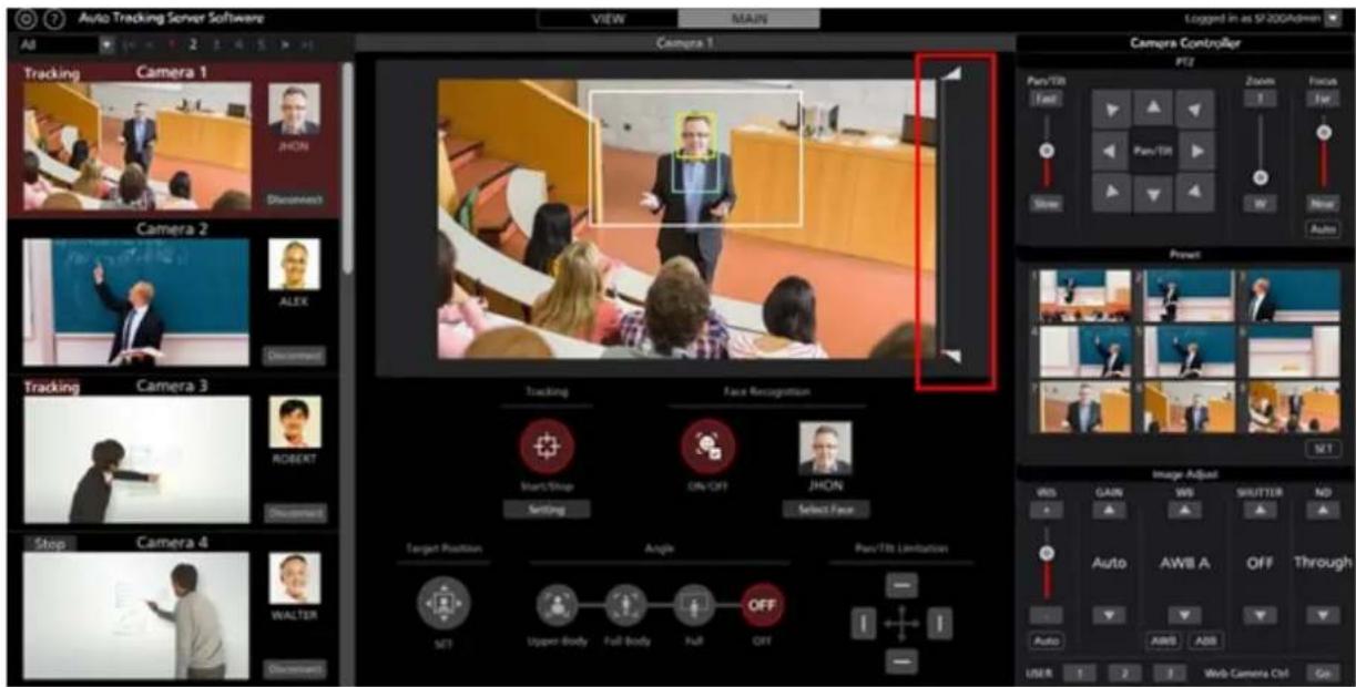 Auto Tracking Server Software View MAIN All 2 3 4 5 6 7 8 9 10 11 12 13 14 15 16 17 18 19 20 21 22 23 24 25 26 27 28 29 30 31 32 33 34 35 36 37 38 39 40 41 42 43 44 45 46 47 48 49 50 51 52 53 54 55 56 57 58 59 60 61 62 63 64 65 66 67 68 69 70 71 72 73 74 75 76 77 78 79 80 81 82 83 84 85 86 87 88 89 90 91 92 93 94 95 96 97 98 99 100 Camera 1 Camera Controller PTZ Pan/YYR Text: Zoom: Focus: For: Start/Stop: ON/OFF: JHON: Select Face: Target Position: Angle: Pan/YYR Limitation: SET: Upper Body: Full Body: Full: OFF: SET: Upper Body: Full Body: Full: OFF: Image Adjust: WBS GAIN WB SHUTTER ND: Auto AWB A OFF Through: Auto AWS ABB USER 1 2 3 Web Camera CM Go