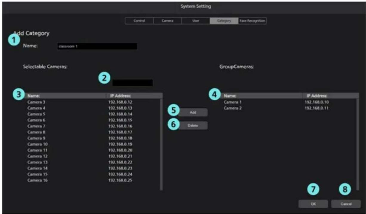 System Setting Control Camera User Category Face Recognition Add Category 1 Name: classroom 1 Selectable Cameras: 2 3 Name: IP Address: Camera 3 192.168.0.12 Camera 4 192.168.0.13 Camera 5 192.168.0.14 Camera 6 192.168.0.15 Camera 7 192.168.0.16 Camera 8 192.168.0.17 Camera 9 192.168.0.18 Camera 10 192.168.0.19 Camera 11 192.168.0.20 Camera 12 192.168.0.21 Camera 13 192.168.0.22 Camera 14 192.168.0.23 Camera 15 192.168.0.24 Camera 16 192.168.0.25 GroupCameras: 4 Name: IP Address: Camera 1 192.168.0.10 Camera 2 192.168.0.11 Add Delete 7 OK Cancel