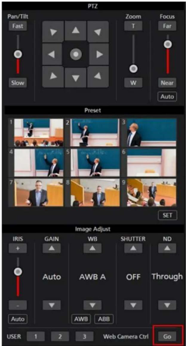 PTZ Pan/Tilt Fast Slow Zoom T W Focus Far Near Auto Preset 1 2 3 4 5 6 7 8 9 SET Image Adjust IRIS GAIN WB SHUTTER ND + Auto AWB A OFF Through - - Auto AWB ABB USER 1 2 3 Web Camera Ctrl Go